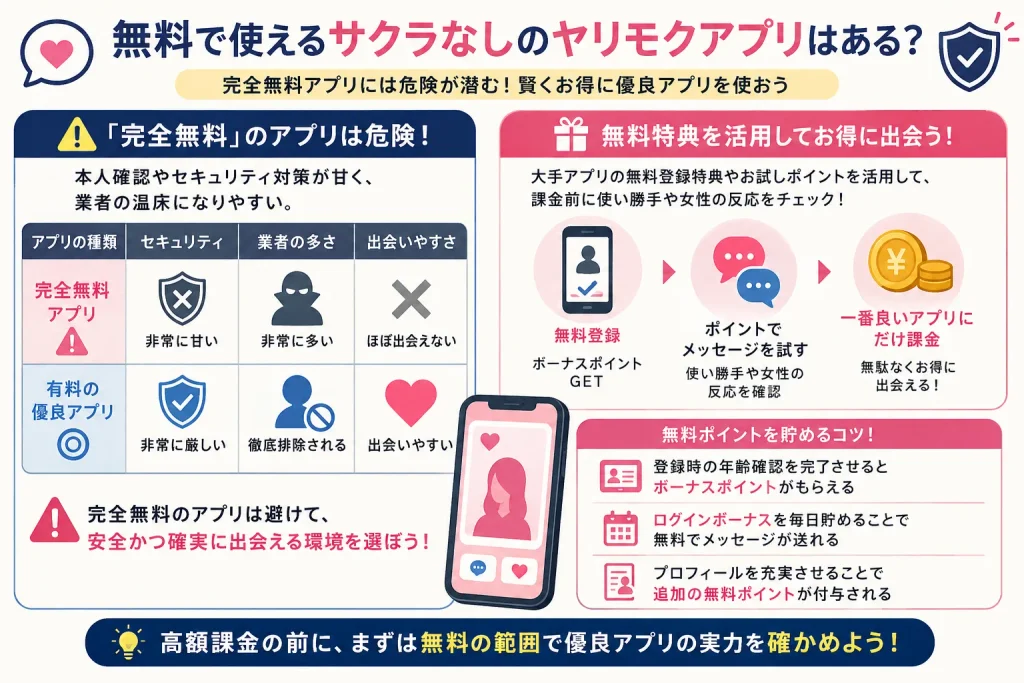 無料で使えるサクラなしのヤリモクアプリはある?